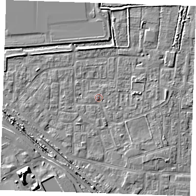 Shaded relief map of the ground around RM187BW, computed from Environment Agency LiDAR. The ground here sits at about 1 m above sea level and falls 12 m across the surrounding 800 m. Surface water reaching this point runs off ground lying to the south-east, 1.8 m higher.
