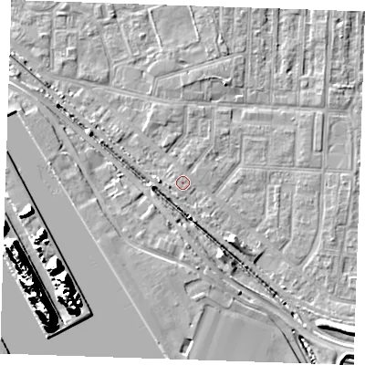 Shaded relief map of the ground around RM187BX, computed from Environment Agency LiDAR. The ground here sits at about 2 m above sea level and falls 25 m across the surrounding 800 m. Surface water reaching this point runs off ground lying to the south-west, 0.7 m higher.