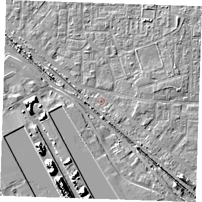 Shaded relief map of the ground around RM187BZ, computed from Environment Agency LiDAR. The ground here sits at about 1 m above sea level and falls 19 m across the surrounding 800 m. Surface water reaching this point runs off ground lying to the south-east, 2.0 m higher.
