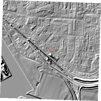 Shaded relief map of the ground around RM187DB, computed from Environment Agency LiDAR. The ground here sits at about 1 m above sea level and falls 17 m across the surrounding 800 m. Surface water reaching this point runs off ground lying to the south, 4.0 m higher.