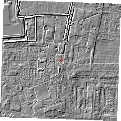 Shaded relief map of the ground around RM187DE, computed from Environment Agency LiDAR. The ground here sits at about 1 m above sea level and falls 3 m across the surrounding 800 m. Surface water reaching this point runs off ground lying to the south-south-east, 0.8 m higher.