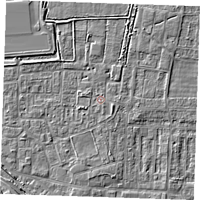 Shaded relief map of the ground around RM187DF, computed from Environment Agency LiDAR. The ground here sits at about 1 m above sea level and falls 6 m across the surrounding 800 m. Surface water reaching this point runs off ground lying to the east-south-east, 1.3 m higher.