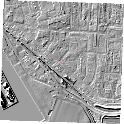 Shaded relief map of the ground around RM187DG, computed from Environment Agency LiDAR. The ground here sits at about 1 m above sea level and falls 25 m across the surrounding 800 m. Surface water reaching this point runs off ground lying to the south-east, 5.5 m higher.