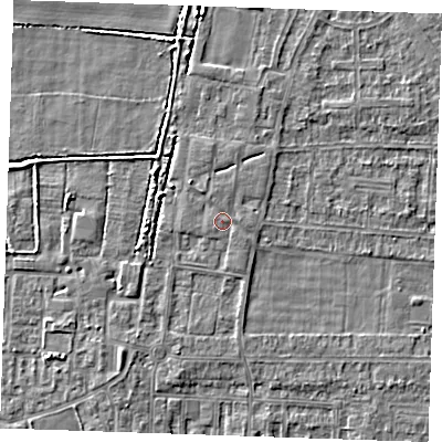 Shaded relief map of the ground around RM187DH, computed from Environment Agency LiDAR. The ground here sits at about 2 m above sea level and falls 3 m across the surrounding 800 m. Surface water reaching this point runs off ground lying to the north-west, 0.9 m higher.
