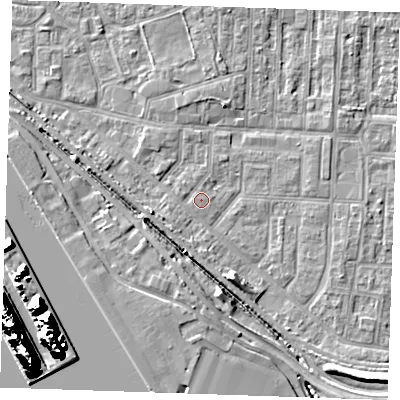 Shaded relief map of the ground around RM187DQ, computed from Environment Agency LiDAR. The ground here sits at about 1 m above sea level and falls 25 m across the surrounding 800 m. Surface water reaching this point runs off ground lying to the west-north-west, 0.5 m higher.