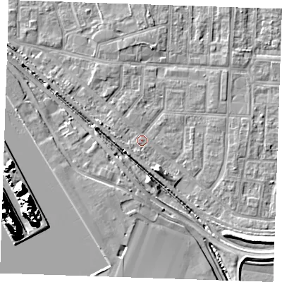 Shaded relief map of the ground around RM187DW, computed from Environment Agency LiDAR. The ground here sits at about 2 m above sea level and falls 25 m across the surrounding 800 m. Surface water reaching this point runs off ground lying to the south-south-west, 5.3 m higher.