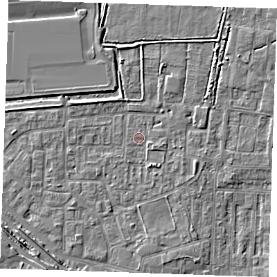 Shaded relief map of the ground around RM187DY, computed from Environment Agency LiDAR. The ground here sits at about 1 m above sea level and falls 5 m across the surrounding 800 m. Surface water reaching this point runs off ground lying to the south-south-east, 1.5 m higher.