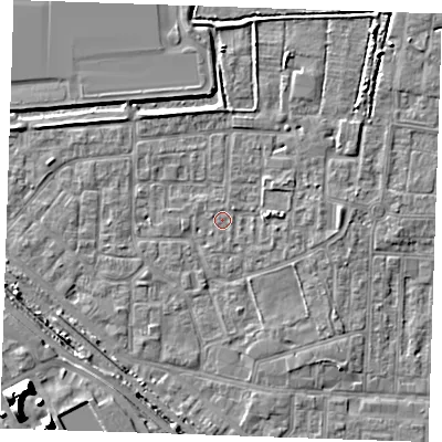 Shaded relief map of the ground around RM187DZ, computed from Environment Agency LiDAR. The ground here sits at about 1 m above sea level and falls 13 m across the surrounding 800 m. Surface water reaching this point runs off ground lying to the east, 1.5 m higher.