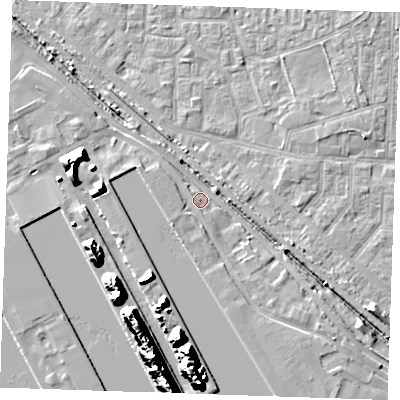 Shaded relief map of the ground around RM187EB, computed from Environment Agency LiDAR. The ground here sits at about 3 m above sea level and falls 25 m across the surrounding 800 m. Surface water reaching this point runs off ground lying to the south-west, 3.7 m higher.