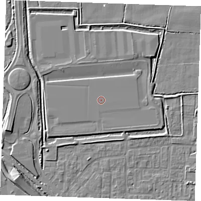 Shaded relief map of the ground around RM187EE, computed from Environment Agency LiDAR. The ground here sits at about 1 m above sea level and falls 7 m across the surrounding 800 m. The ground contributing surface water to this point lies to the south-south-west.