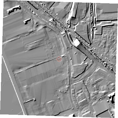 Shaded relief map of the ground around RM187EH, computed from Environment Agency LiDAR. The ground here sits at about 3 m above sea level and falls 14 m across the surrounding 800 m. Surface water reaching this point runs off ground lying to the south-south-east, 9.9 m higher.