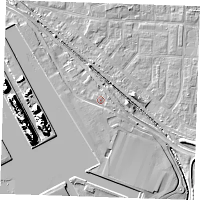 Shaded relief map of the ground around RM187EJ, computed from Environment Agency LiDAR. The ground here sits at about 5 m above sea level and falls 25 m across the surrounding 800 m. Surface water reaching this point runs off ground lying to the south-east, 1.1 m higher.
