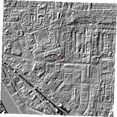 Shaded relief map of the ground around RM187EN, computed from Environment Agency LiDAR. The ground here sits at about 1 m above sea level and falls 14 m across the surrounding 800 m. Surface water reaching this point runs off ground lying to the west-south-west, 1.3 m higher.