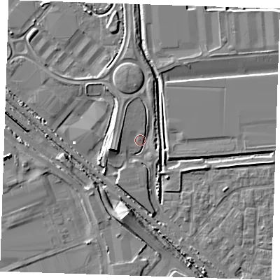 Shaded relief map of the ground around RM187EQ, computed from Environment Agency LiDAR. The ground here sits at about 2 m above sea level and falls 7 m across the surrounding 800 m. Surface water reaching this point runs off ground lying to the west, 3.2 m higher.