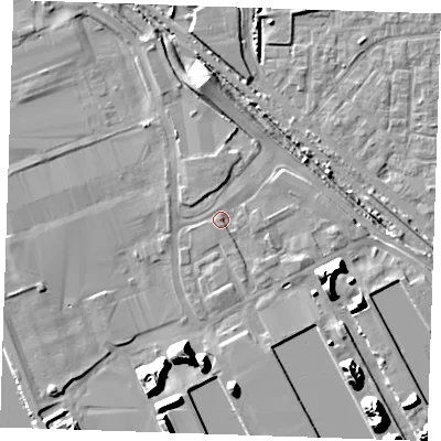 Shaded relief map of the ground around RM187ET, computed from Environment Agency LiDAR. The ground here sits at about 4 m above sea level and falls 18 m across the surrounding 800 m. Surface water reaching this point runs off ground lying to the east, 1.4 m higher.