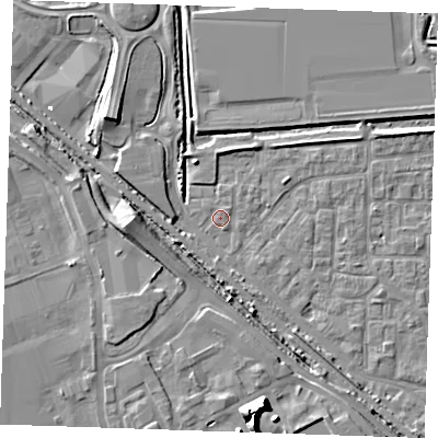 Shaded relief map of the ground around RM187EU, computed from Environment Agency LiDAR. The ground here sits at about 1 m above sea level and falls 12 m across the surrounding 800 m. Surface water reaching this point runs off ground lying to the south, 12.3 m higher.