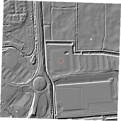 Shaded relief map of the ground around RM187EW, computed from Environment Agency LiDAR. The ground here sits at about 1 m above sea level and falls 6 m across the surrounding 800 m. The ground contributing surface water to this point lies to the west-north-west.