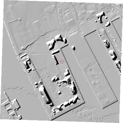 Shaded relief map of the ground around RM187HA, computed from Environment Agency LiDAR. The ground here sits at about 5 m above sea level and falls 19 m across the surrounding 800 m. Surface water reaching this point runs off ground lying to the west-north-west, 7.3 m higher.