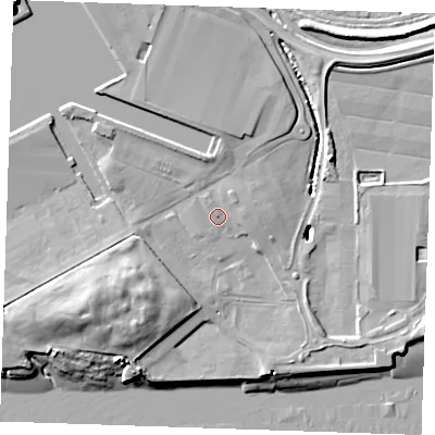 Shaded relief map of the ground around RM187HB, computed from Environment Agency LiDAR. The ground here sits at about 4 m above sea level and falls 13 m across the surrounding 800 m. Surface water reaching this point runs off ground lying to the west-south-west, 6.8 m higher.