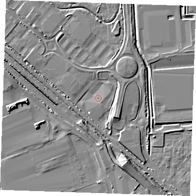 Shaded relief map of the ground around RM187HD, computed from Environment Agency LiDAR. The ground here sits at about 0 m above sea level and falls 9 m across the surrounding 800 m. Surface water reaching this point runs off ground lying to the south-east, 5.5 m higher.