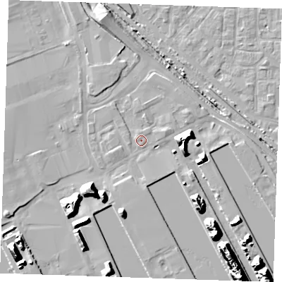 Shaded relief map of the ground around RM187HE, computed from Environment Agency LiDAR. The ground here sits at about 4 m above sea level and falls 22 m across the surrounding 800 m. Surface water reaching this point runs off ground lying to the west-south-west, 0.5 m higher.