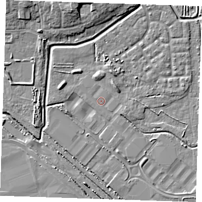 Shaded relief map of the ground around RM187HG, computed from Environment Agency LiDAR. The ground here sits at about 1 m above sea level and falls 9 m across the surrounding 800 m. Surface water reaching this point runs off ground lying to the west-north-west, 3.4 m higher.