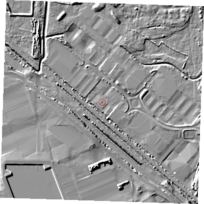 Shaded relief map of the ground around RM187HH, computed from Environment Agency LiDAR. The ground here sits at about 1 m above sea level and falls 9 m across the surrounding 800 m. Surface water reaching this point runs off ground lying to the east-south-east, 2.1 m higher.