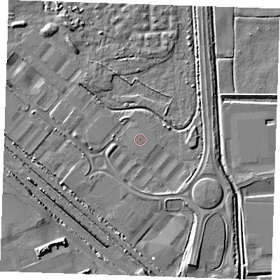 Shaded relief map of the ground around RM187HJ, computed from Environment Agency LiDAR. The ground here sits at about 1 m above sea level and falls 9 m across the surrounding 800 m. The ground contributing surface water to this point lies to the south.