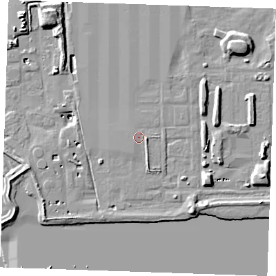 Shaded relief map of the ground around RM187HL, computed from Environment Agency LiDAR. The ground here sits at about 3 m above sea level and falls 21 m across the surrounding 800 m. The ground contributing surface water to this point lies to the south-south-west.