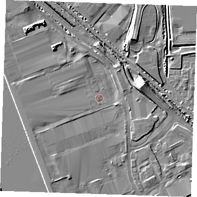 Shaded relief map of the ground around RM187HP, computed from Environment Agency LiDAR. The ground here sits at about 3 m above sea level and falls 9 m across the surrounding 800 m. Surface water reaching this point runs off ground lying to the south-south-west, 2.9 m higher.