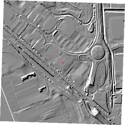 Shaded relief map of the ground around RM187HQ, computed from Environment Agency LiDAR. The ground here sits at about 1 m above sea level and falls 9 m across the surrounding 800 m. The ground contributing surface water to this point lies to the north-east.