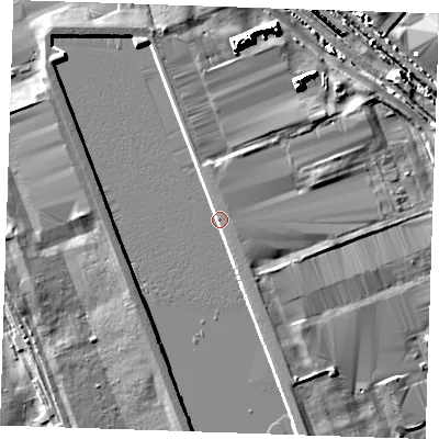 Shaded relief map of the ground around RM187HR, computed from Environment Agency LiDAR. The ground here sits at about 5 m above sea level and falls 9 m across the surrounding 800 m. Surface water reaching this point runs off ground lying to the east-south-east, 1.7 m higher.