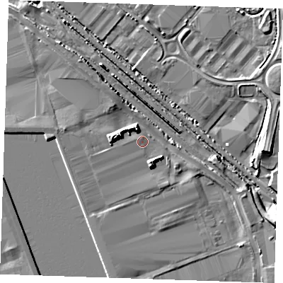 Shaded relief map of the ground around RM187HS, computed from Environment Agency LiDAR. The ground here sits at about 4 m above sea level and falls 9 m across the surrounding 800 m. Surface water reaching this point runs off ground lying to the west, 1.6 m higher.