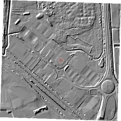 Shaded relief map of the ground around RM187HW, computed from Environment Agency LiDAR. The ground here sits at about 1 m above sea level and falls 9 m across the surrounding 800 m. The ground contributing surface water to this point lies to the south-west.