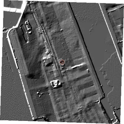 Shaded relief map of the ground around RM187HX, computed from Environment Agency LiDAR. The ground here sits at about 5 m above sea level and falls 8 m across the surrounding 800 m. Surface water reaching this point runs off ground lying to the west, 0.6 m higher.