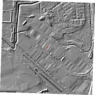 Shaded relief map of the ground around RM187HZ, computed from Environment Agency LiDAR. The ground here sits at about 1 m above sea level and falls 9 m across the surrounding 800 m. Surface water reaching this point runs off ground lying to the east-north-east, 0.7 m higher.