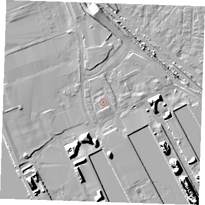 Shaded relief map of the ground around RM187JD, computed from Environment Agency LiDAR. The ground here sits at about 4 m above sea level and falls 22 m across the surrounding 800 m. Surface water reaching this point runs off ground lying to the south-south-east, 0.8 m higher.