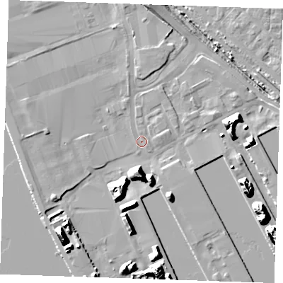 Shaded relief map of the ground around RM187JH, computed from Environment Agency LiDAR. The ground here sits at about 4 m above sea level and falls 19 m across the surrounding 800 m. Surface water reaching this point runs off ground lying to the south-west, 13.2 m higher.