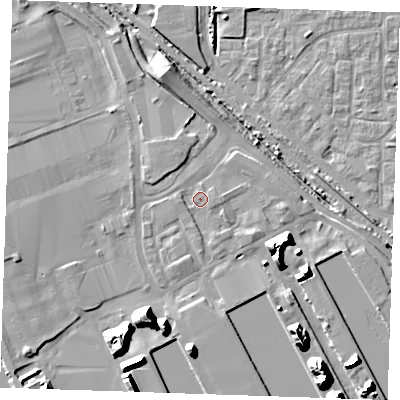Shaded relief map of the ground around RM187JN, computed from Environment Agency LiDAR. The ground here sits at about 4 m above sea level and falls 18 m across the surrounding 800 m. Surface water reaching this point runs off ground lying to the east, 1.4 m higher.