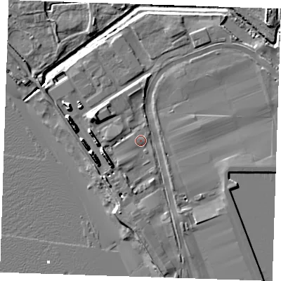 Shaded relief map of the ground around RM187JR, computed from Environment Agency LiDAR. The ground here sits at about 4 m above sea level and falls 11 m across the surrounding 800 m. Surface water reaching this point runs off ground lying to the south-west, 6.5 m higher.