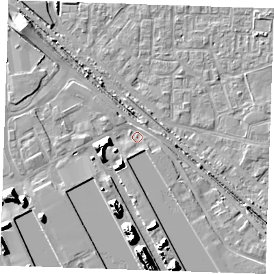 Shaded relief map of the ground around RM187JT, computed from Environment Agency LiDAR. The ground here sits at about 4 m above sea level and falls 19 m across the surrounding 800 m. Surface water reaching this point runs off ground lying to the west-south-west, 8.5 m higher.