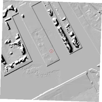Shaded relief map of the ground around RM187LA, computed from Environment Agency LiDAR. The ground here sits at about 5 m above sea level and falls 25 m across the surrounding 800 m. Surface water reaching this point runs off ground lying to the south-west, 0.6 m higher.