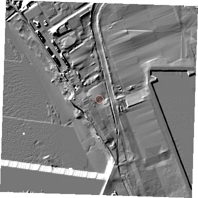Shaded relief map of the ground around RM187LR, computed from Environment Agency LiDAR. The ground here sits at about 4 m above sea level and falls 10 m across the surrounding 800 m. Surface water reaching this point runs off ground lying to the south-south-west, 1.9 m higher.