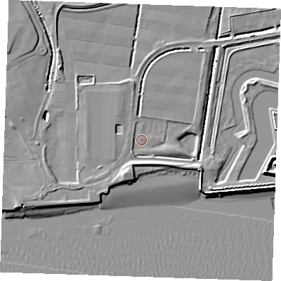 Shaded relief map of the ground around RM187ND, computed from Environment Agency LiDAR. The ground here sits at about 2 m above sea level and falls 11 m across the surrounding 800 m. Surface water reaching this point runs off ground lying to the south-west, 1.9 m higher.