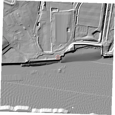 Shaded relief map of the ground around RM187NJ, computed from Environment Agency LiDAR. The ground here sits at about 5 m above sea level and falls 9 m across the surrounding 800 m. Surface water reaching this point runs off ground lying to the north-north-west, 0.9 m higher.