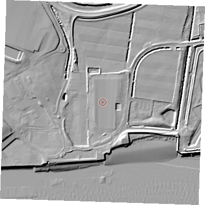 Shaded relief map of the ground around RM187NL, computed from Environment Agency LiDAR. The ground here sits at about 3 m above sea level and falls 9 m across the surrounding 800 m. Surface water reaching this point runs off ground lying to the south-south-west, 0.6 m higher.