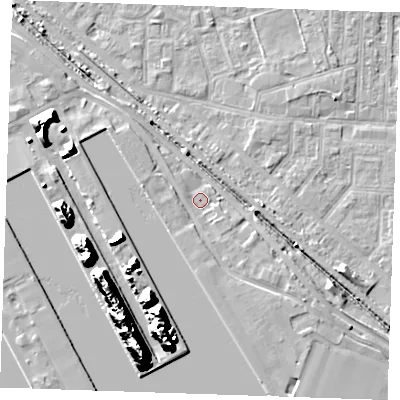 Shaded relief map of the ground around RM187NN, computed from Environment Agency LiDAR. The ground here sits at about 3 m above sea level and falls 25 m across the surrounding 800 m. Surface water reaching this point runs off ground lying to the south-east, 2.1 m higher.