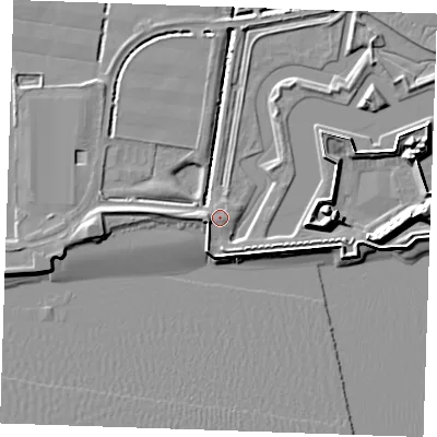 Shaded relief map of the ground around RM187NR, computed from Environment Agency LiDAR. The ground here sits at about 3 m above sea level and falls 11 m across the surrounding 800 m. Surface water reaching this point runs off ground lying to the west-south-west, 2.8 m higher.