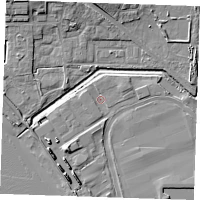 Shaded relief map of the ground around RM187NU, computed from Environment Agency LiDAR. The ground here sits at about 2 m above sea level and falls 11 m across the surrounding 800 m. Surface water reaching this point runs off ground lying to the south-south-west, 6.8 m higher.