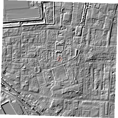 Shaded relief map of the ground around RM187NX, computed from Environment Agency LiDAR. The ground here sits at about 1 m above sea level and falls 6 m across the surrounding 800 m. Surface water reaching this point runs off ground lying to the east-north-east, 0.6 m higher.